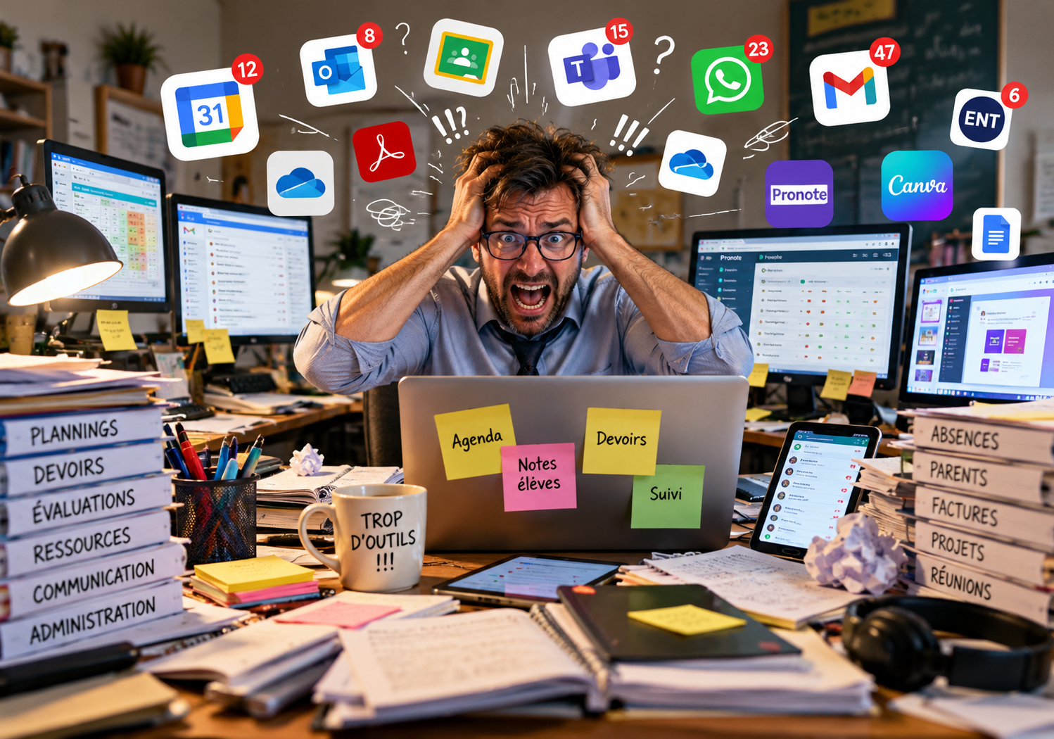 Un professeur débordé se tient la tête devant un ordinateur, entouré d’icônes de logiciels, de notifications et de piles de dossiers.
